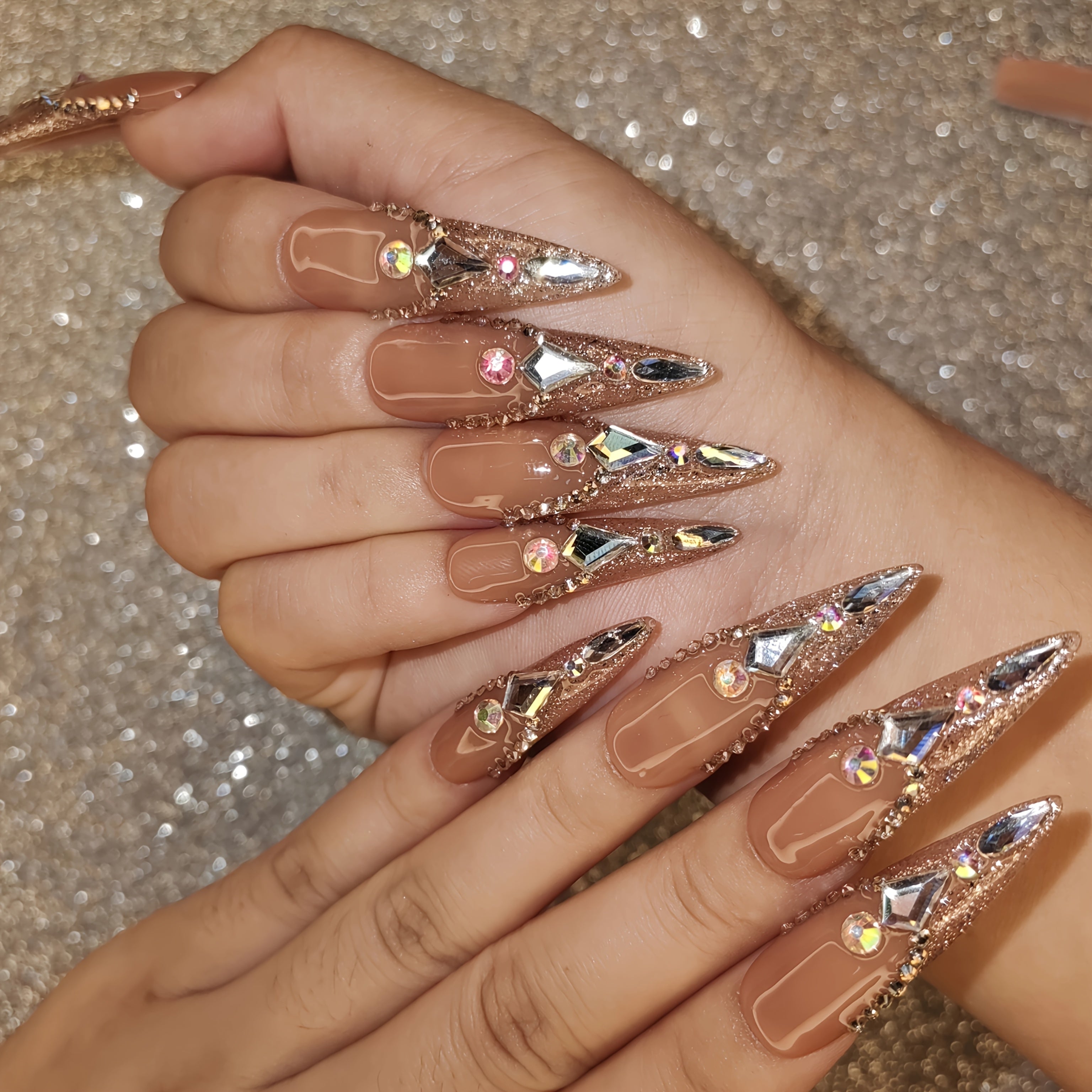 Handcrafted Ultra-Pointed Nude Press-On Nails with Luxurious Large Rhinestones - High-End Elegance, Grandeur & Modern Style for Women | Pure Hand-Set Sparkling Diamonds | Extra-Long Ultra-Durable Design Resists Bending